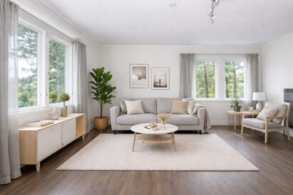 Tekoälyllä tuotettu havainnekuva Räyskälän Kattohuoneiston isosta olohuoneesta.